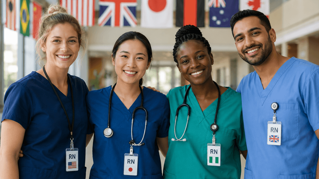 Four smiling registered nurses from diverse backgrounds wearing medical scrubs, stethoscopes, and ID badges with different country flags in a hallway with international flags hanging in the background.