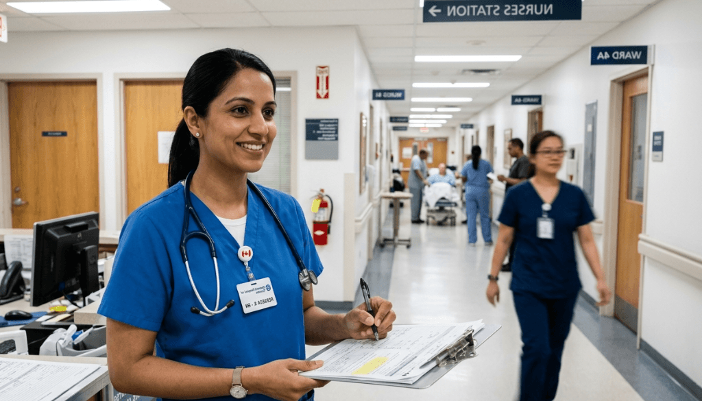 A smiling nurse in blue scrubs holding a clipboard and stethoscope in a Canadian hospital hallway.