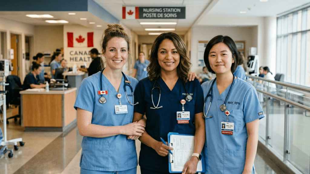 Three smiling diverse nurses wearing blue scrubs, stethoscopes, and ID badges standing together in a Canadian hospital corridor near a nursing station sign and national flag.