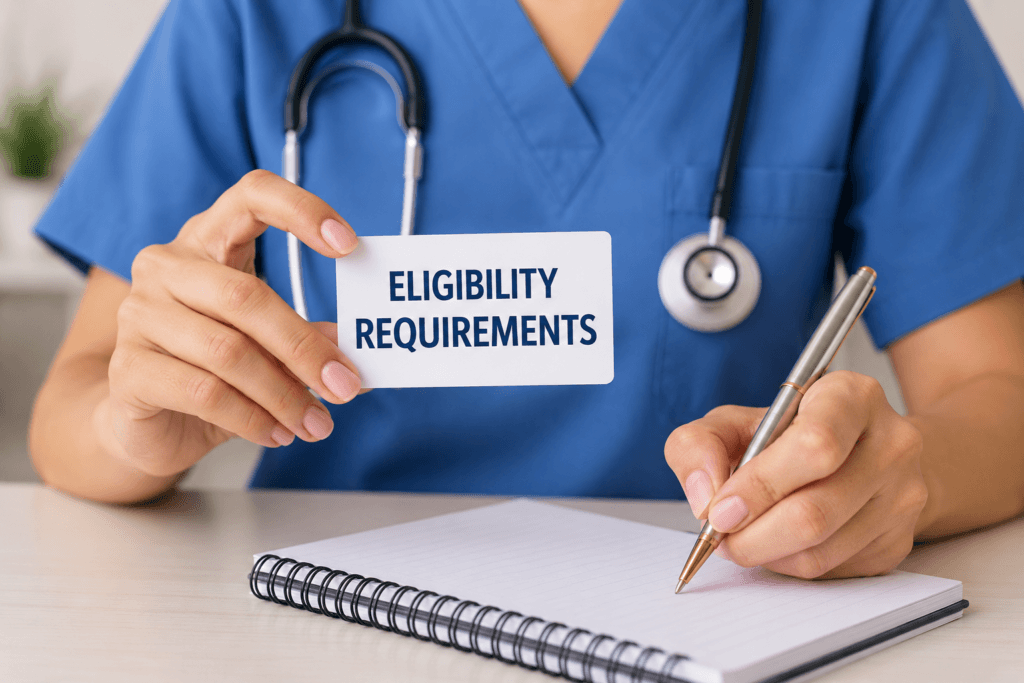 Nurse in blue scrubs holding a card labeled “NCLEX Success Guarantee” while reviewing documents, representing Feuer Nursing Review's pass guarantee program, NCLEX preparation, and student success support.