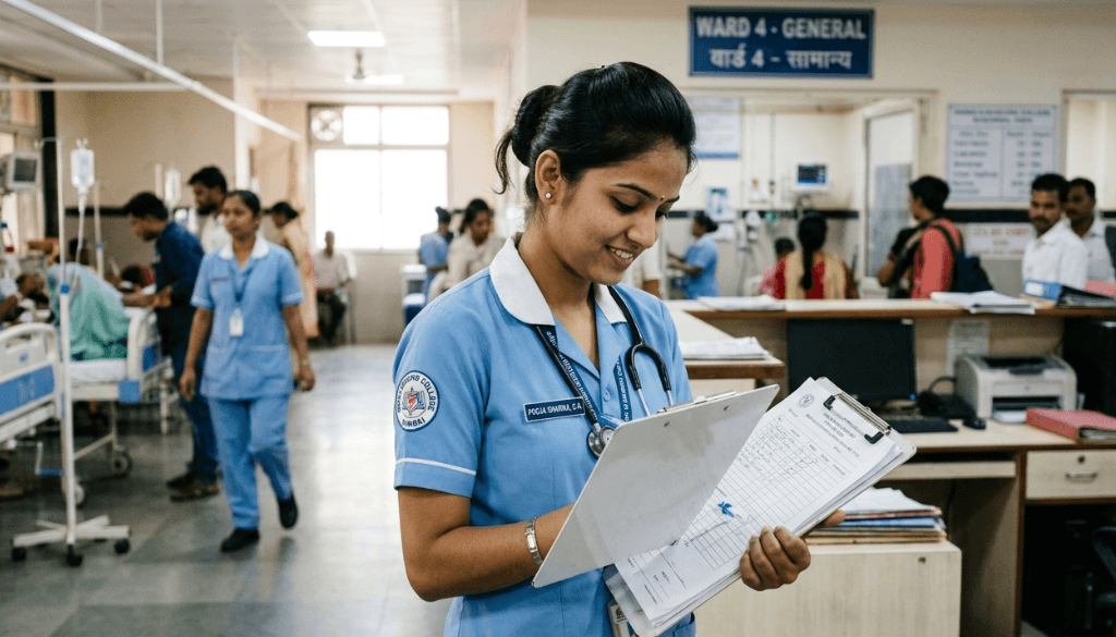 A smiling Indian nurse wearing blue scrubs and a stethoscope reviewing patient charts on a clipboard inside a busy hospital general ward.