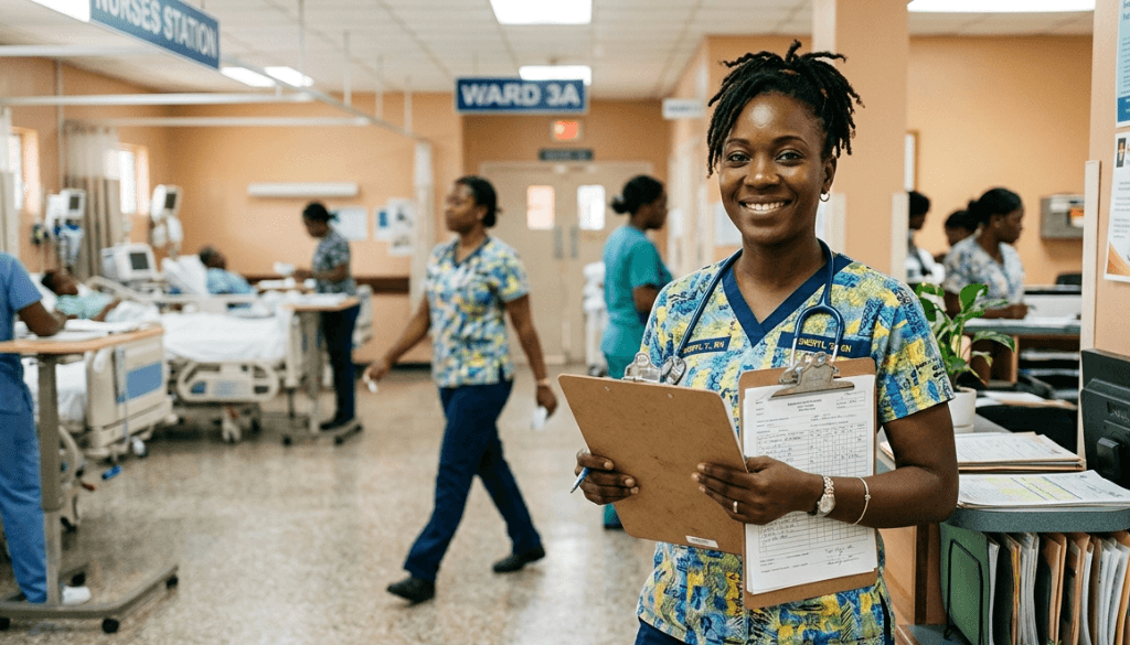 A smiling Jamaican nurse holding a clipboard and stethoscope in a busy hospital corridor with "Ward 3A" and "Nurses Station" signs.