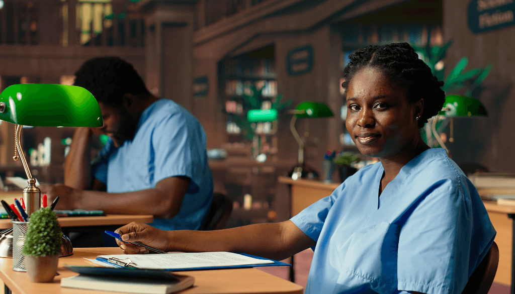 A smiling Kenyan nursing student wearing light blue scrubs, holding a pen over a clipboard at a desk in a library with study lamps, while another student studies in the background.
