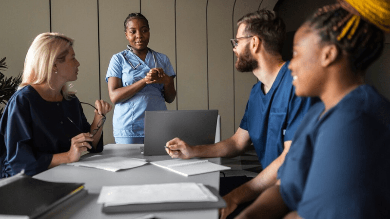 Diverse group of healthcare professionals in blue scrubs having a meeting and discussion around a table in a modern office or conference room.