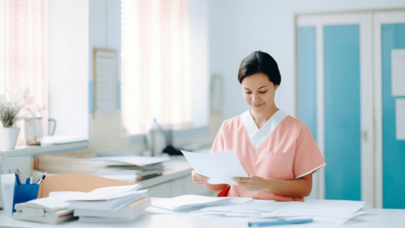 A smiling female nurse wearing a pink and white scrub top sitting at a desk and reviewing papers or exam documents in an office.