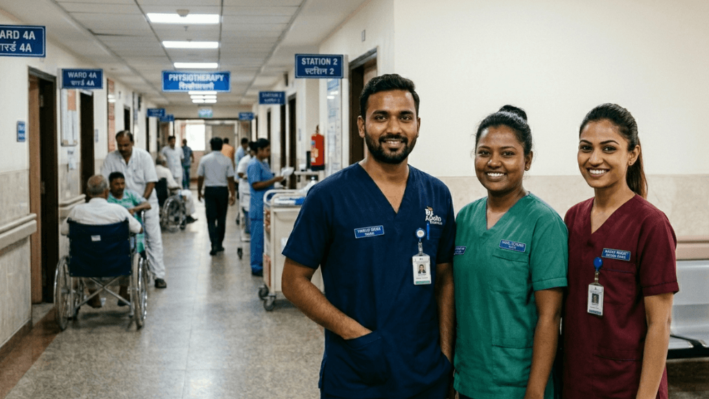 Three healthcare professionals or nurses in colorful scrubs smiling in a busy hospital hallway with patients and staff in the background.