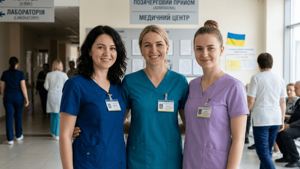 Three smiling nurses wearing scrubs in blue, teal, and purple with ID badges, posing together in a Ukrainian hospital corridor near admissions and laboratory signs.