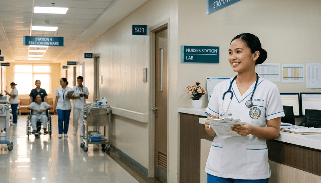 A smiling Filipino nurse wearing white and blue nursing scrubs holding a clipboard near a hospital nurses station, with other medical staff and a patient in a wheelchair in the hallway.