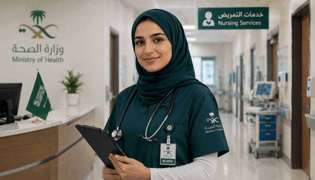 Smiling nurse wearing a dark green hijab and scrubs, a stethoscope, and an ID badge while holding a tablet in a hospital hallway with a Ministry of Health sign and nursing services sign.