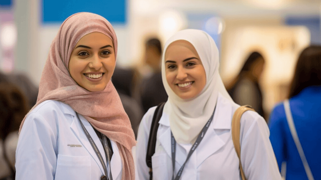 Two smiling healthcare professionals wearing white lab coats and hijabs in pink and white, with lanyards around their necks, standing together in a bright indoor setting.