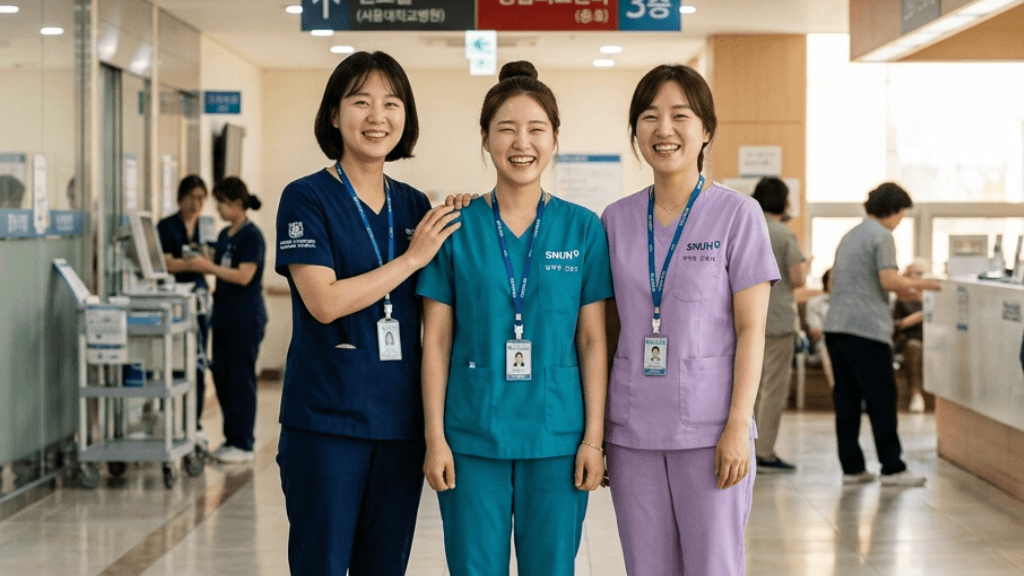 Three smiling nurses wearing scrubs in dark blue, teal, and purple with ID lanyards, posing together inside a bright hospital hallway or ward.
