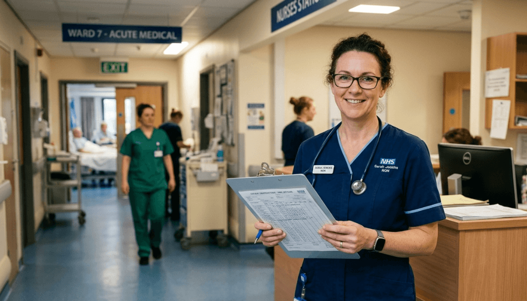 A smiling NHS nurse wearing blue scrubs and glasses holds a clipboard with a stethoscope in a hospital corridor, with other medical staff walking in the background near a ward sign.