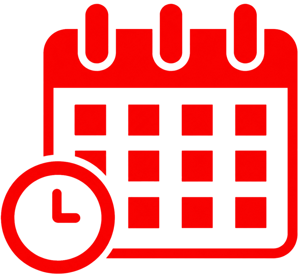 Bright red calendar icon featuring a clock symbol in the bottom-left corner, representing scheduling, deadlines, or time management.
