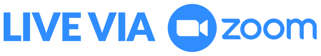 Blue text reading "LIVE VIA" next to the official Zoom video conferencing logo and wordmark.