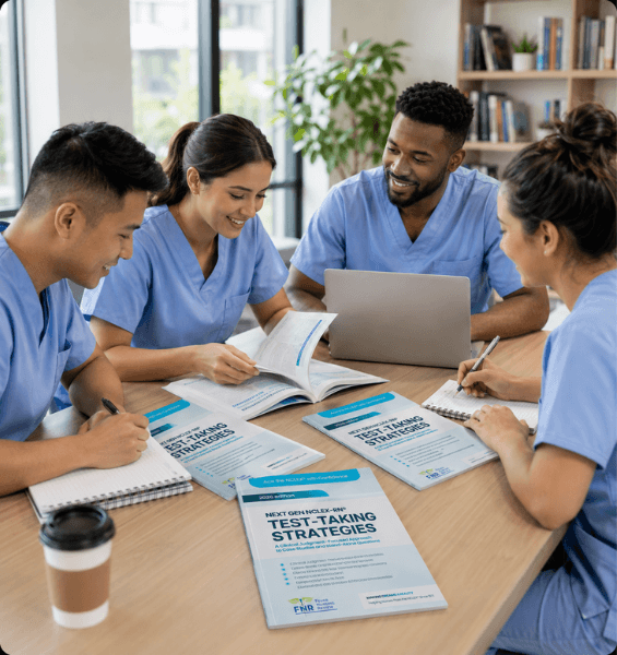 Group of diverse nursing students in blue scrubs studying together around a wooden table, reviewing books and collaborating on NCLEX test preparation.