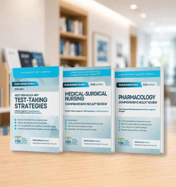 Set of three Feuer Nursing Review 2026 edition textbooks displayed upright on a wooden desk, featuring "Next Gen NCLEX-RN Test-Taking Strategies", "Medical-Surgical Nursing Comprehensive Review", and "Pharmacology Comprehensive Review".