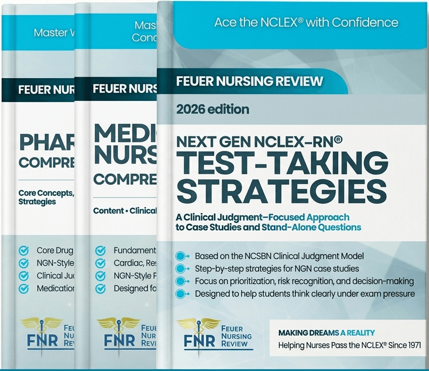 Feuer Nursing Review 2026 edition textbook set for Next Gen NCLEX-RN test-taking strategies and clinical judgment.