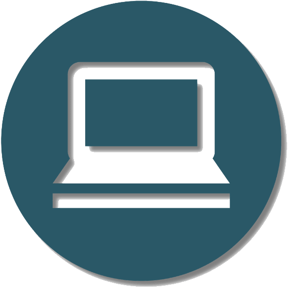White laptop computer icon inside a dark teal circular badge, representing online review platforms and digital learning tools.