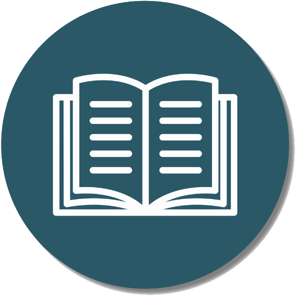 White outline icon of an open book inside a dark teal circular badge, representing physical textbooks and printed study materials.
