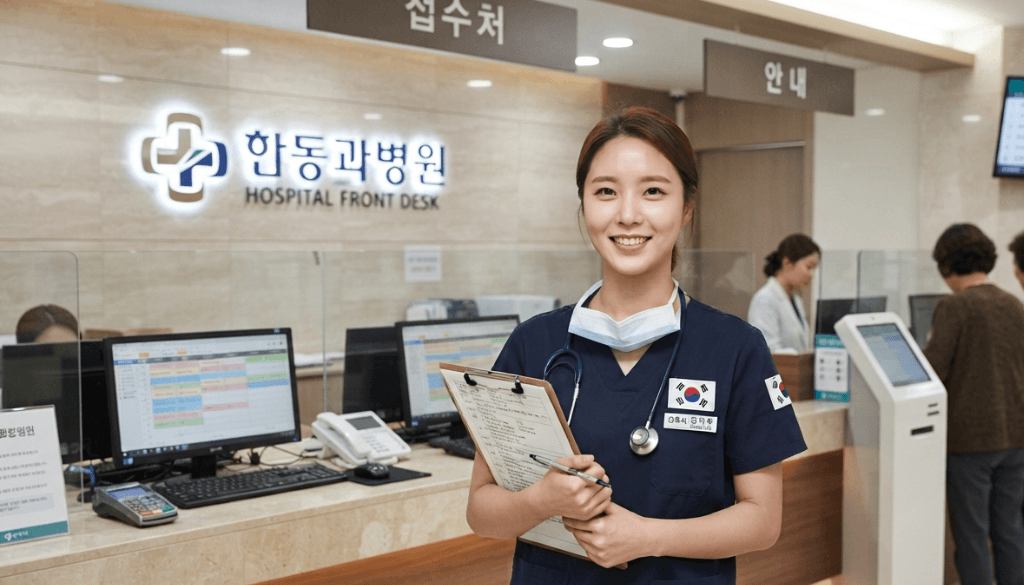 Smiling nurse wearing blue scrubs, a stethoscope, and a face mask around her neck while holding a clipboard in front of a modern hospital reception desk.