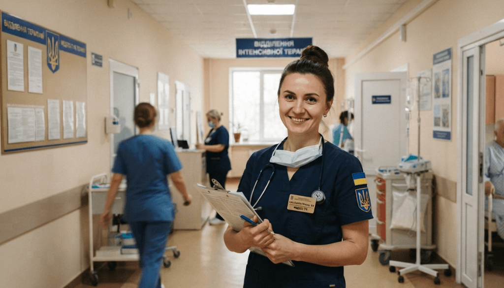 Smiling nurse wearing blue scrubs, a stethoscope, and an ID badge while holding a clipboard in a hospital hallway corridor.