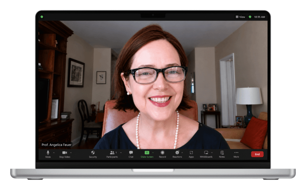 Professor Angelica Feuer participating in a virtual video conference call displayed on a laptop screen.