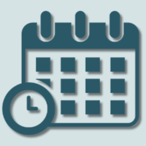 Dark teal calendar icon with a drop shadow, featuring a clock symbol in the lower-left corner to indicate schedules or deadlines.