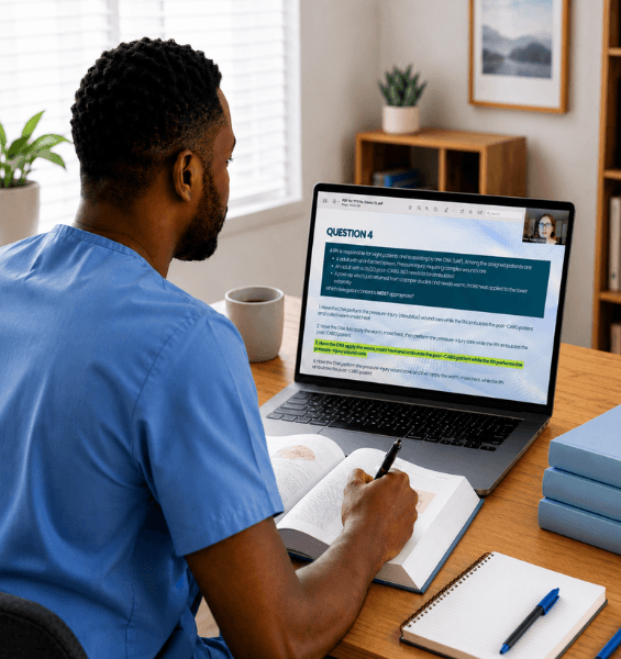 A nursing student attending a live online review class on a laptop, taking notes in a workbook while studying NCLEX practice questions.
