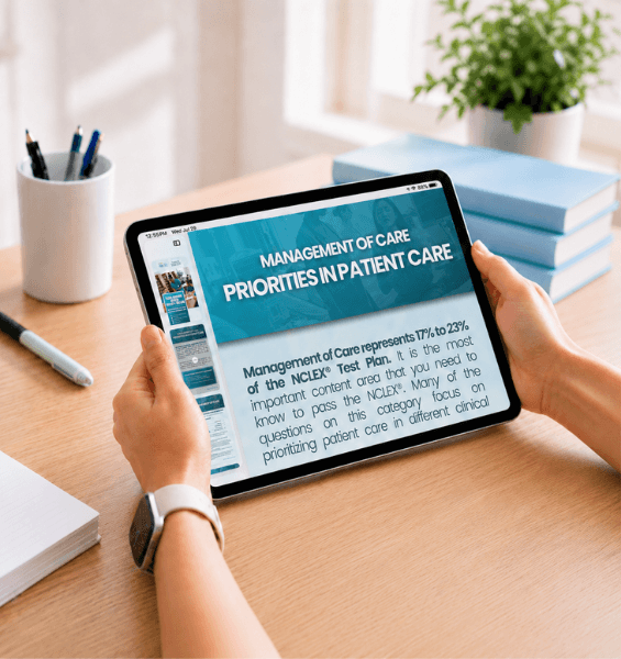 Tablet displaying pharmacology priority questions for NCLEX review, alongside a stack of study books and an open notebook with a pen on a desk.