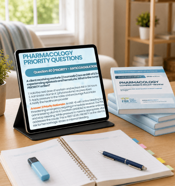 NCLEX pharmacology practice questions on a tablet with study guides and notes.