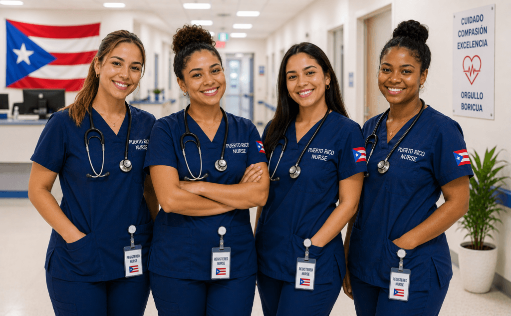 Four smiling registered nurses in blue scrubs and stethoscopes standing in a hospital hallway with a Puerto Rican flag and Spanish signage in the background.